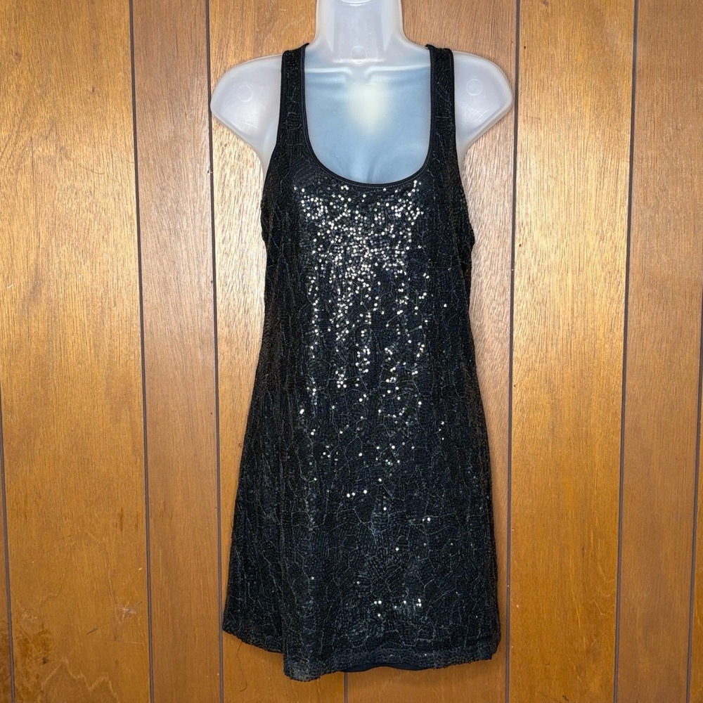 Pink Rose Black Sequin Mini Dress M Sparkle Glam Y2K Party Clubwear Racerback‎